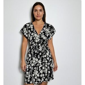 Michael Kors Black White Floral‎ Print V-Neck Wrap Dress Womens XL